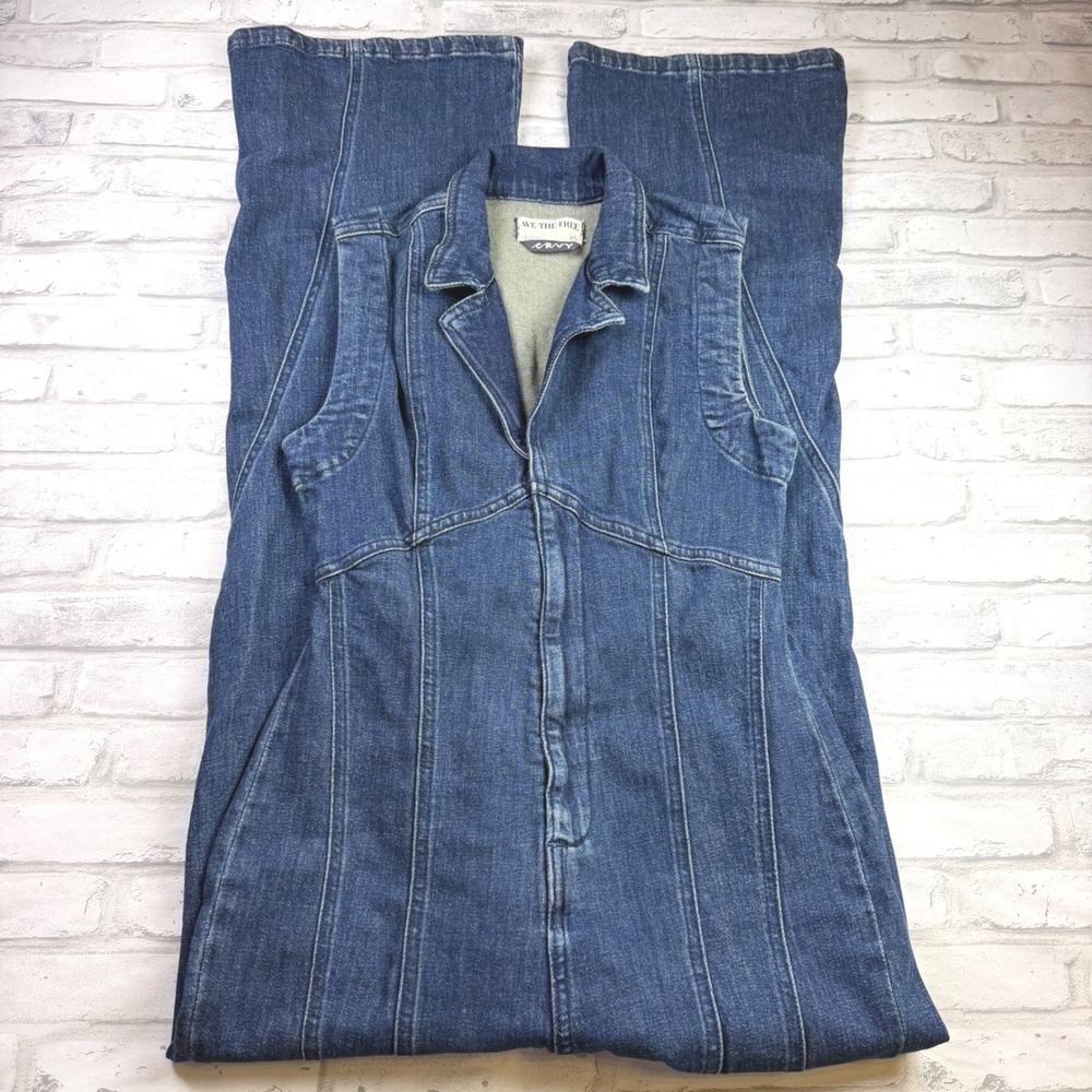 We The Free Free People CRVY Denim Jumpsuit XS Indigo Blue Sleeveless Flare EUC